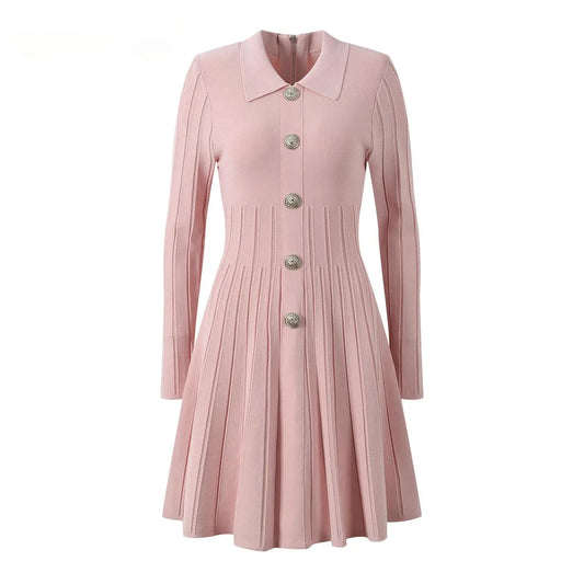Women Knit Fit And Flared Single-breasted Solid Mini Dress