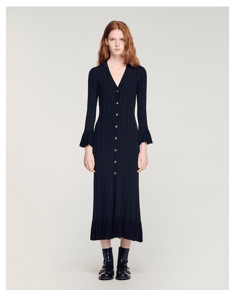 V-neck knitted ruffle long dress