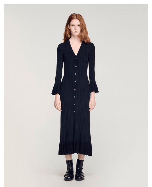 V-neck knitted ruffle long dress