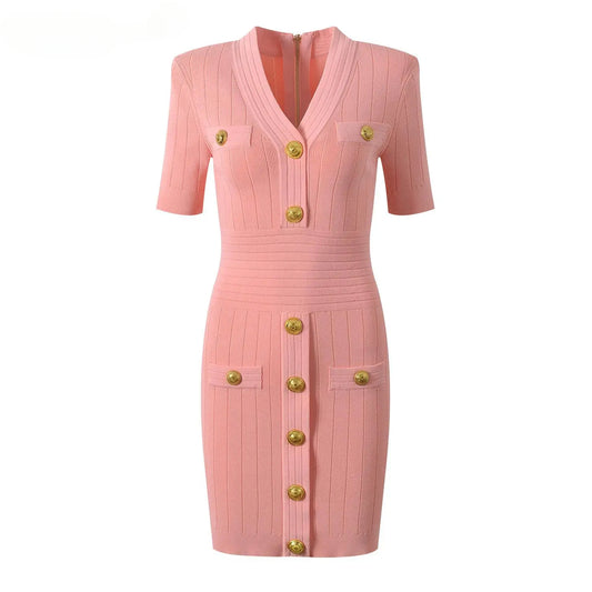 Short Sleeve V-neck Slim Knitting Casual Sheath Mini Dress Women