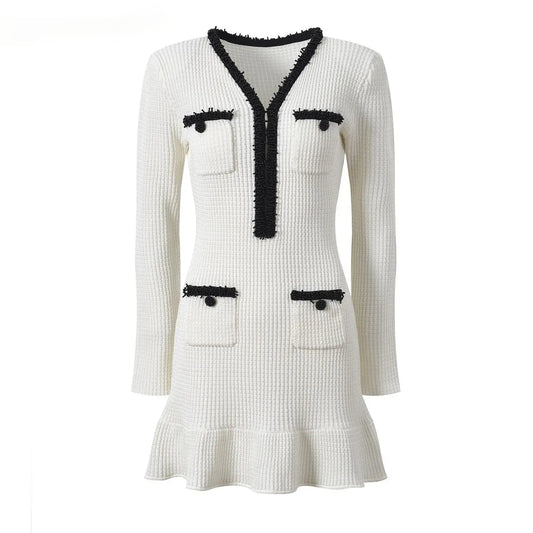 V-neck Long Sleeve Women Knit Slim Fitted Short Mini Colorblock Mermaid Dress