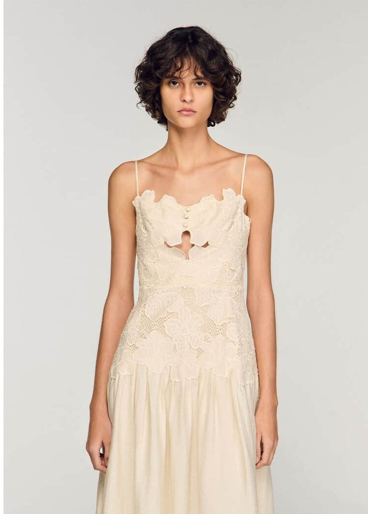 Summer beige embroidered suspender dress