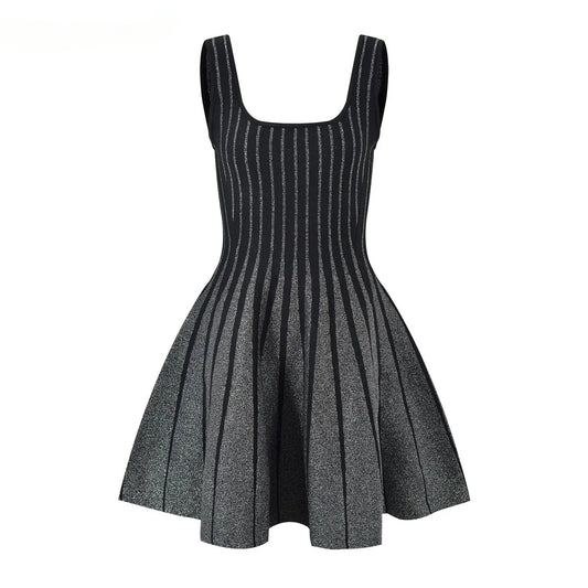 O-neckline Women Mini Short Knitted A-line Striped Dress