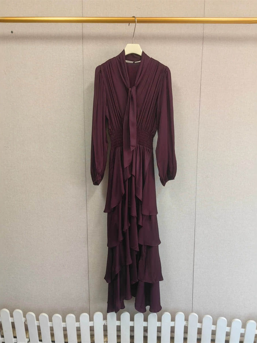 Women's wine red long sleeved elegant dress