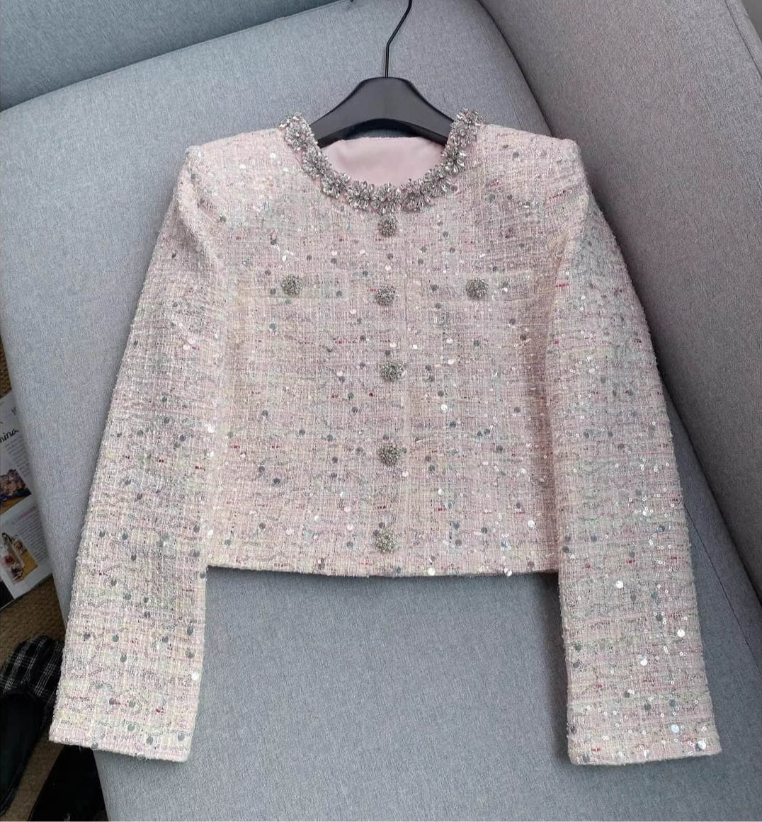 Pink women's long sleeve diamond coat
