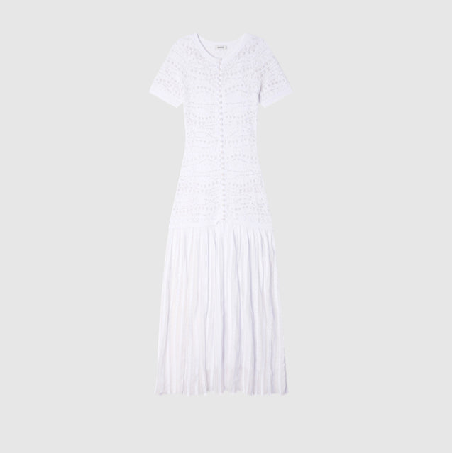 Women's lace openwork pearl short-sleeved white dress