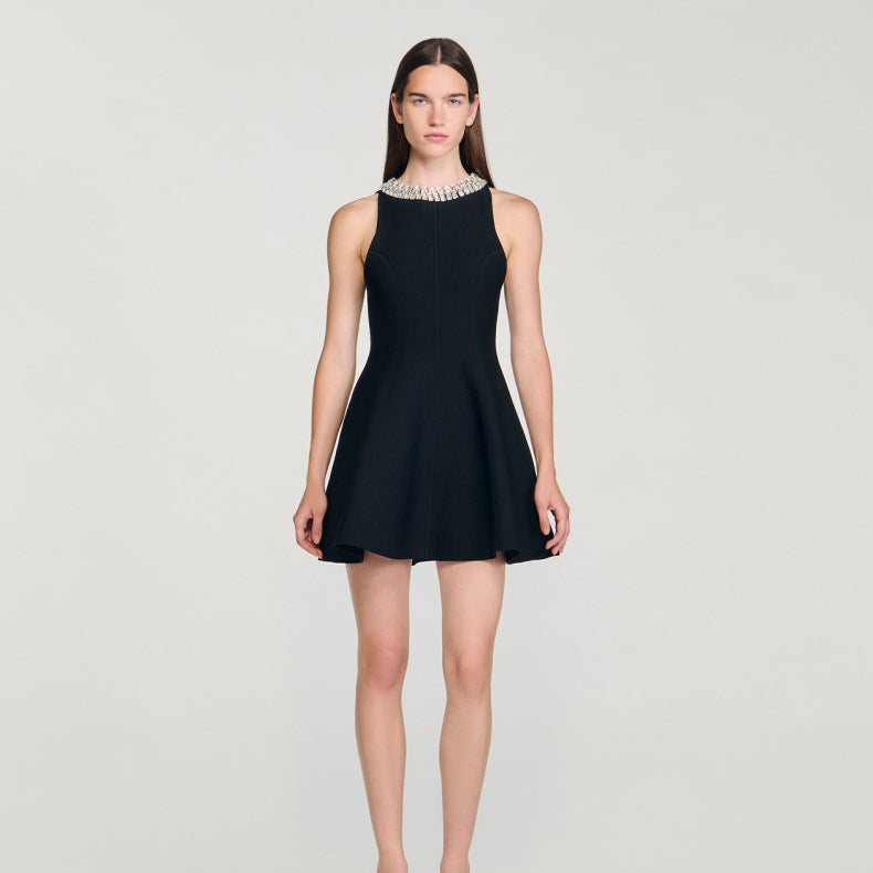 Women's black diamond studded knitted round neck dress