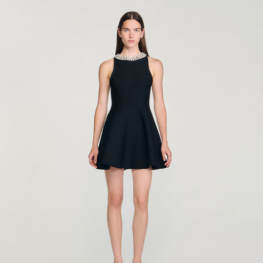 Women's black diamond studded knitted round neck dress