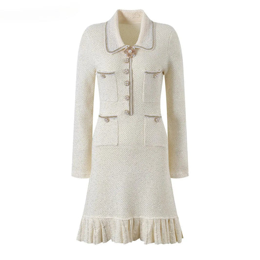 Women Knit Sequin Beading Slim Fitted Flounced Short Dress