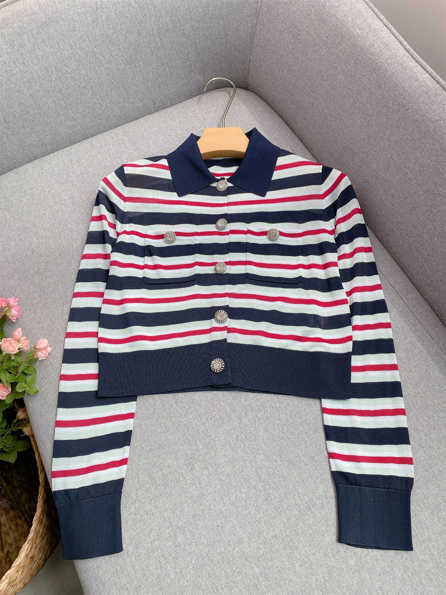 Women's Striped Lapel Long Sleeve Cardigan