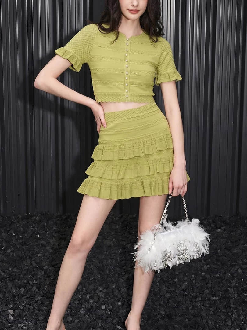 Women's green knitted casual two-piece suit