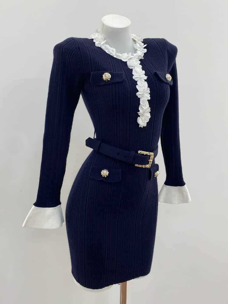 Deep Blue Long-Sleeved Knit Mini Dress