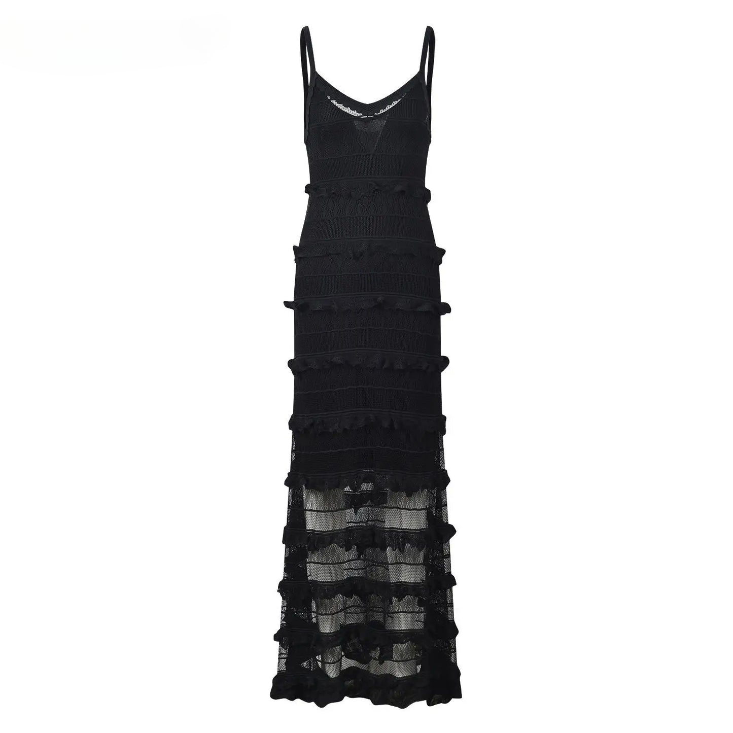 V-neckline Elegant Style Flounce Women Long Slip Dress Black