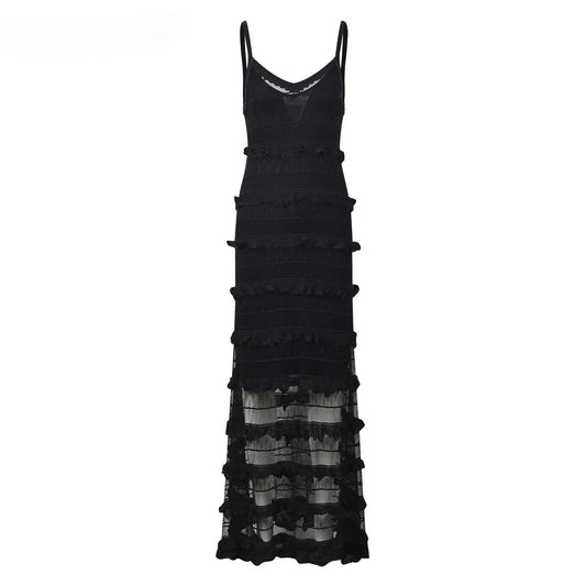 V-neckline Elegant Style Flounce Women Long Slip Dress Black