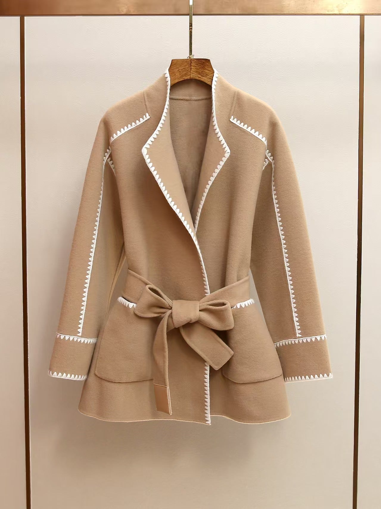 Women's French wool blend lace up short double-sided woolen coat